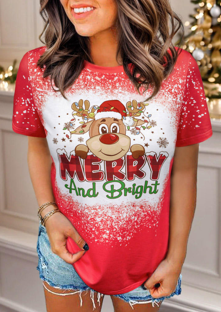 Merry And Bright Plaid Bleached O-Neck T-Shirt Tee - Red