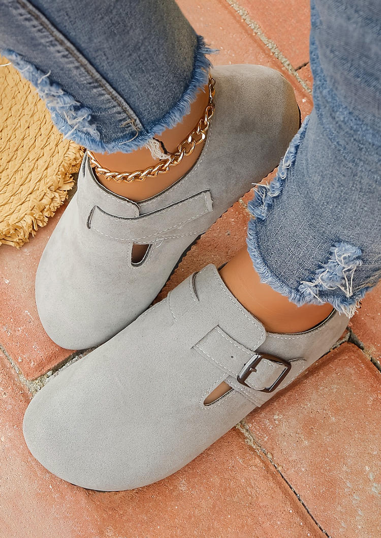 Buckle Strap Round Toe Flat Sneakers - Gray