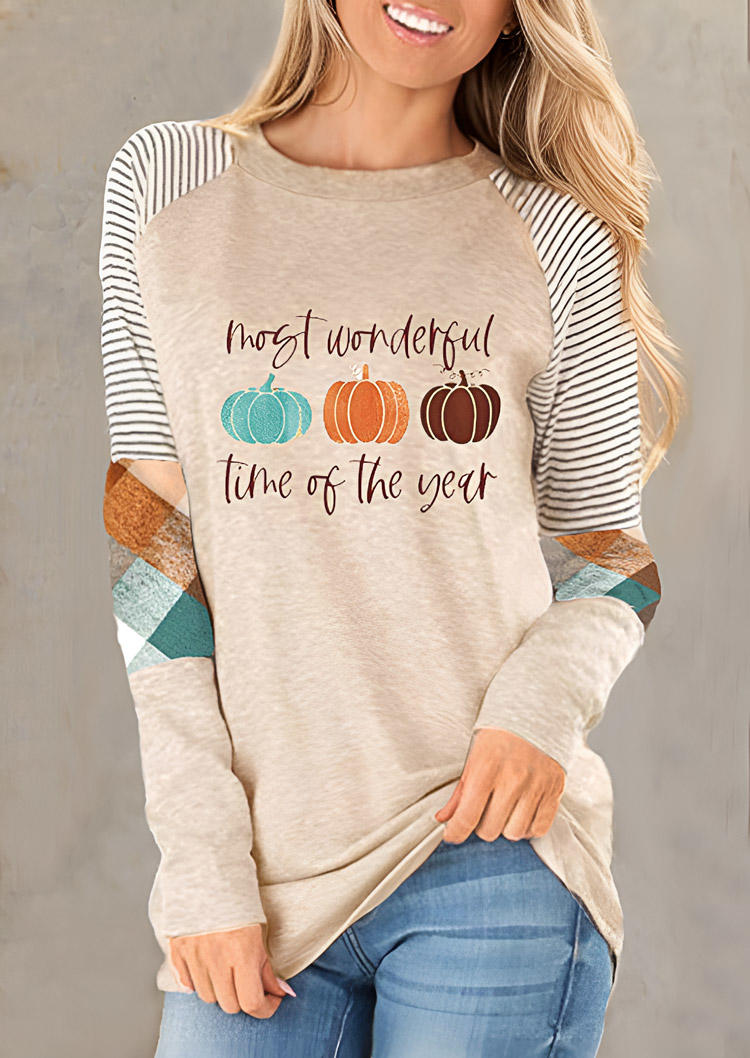 

The Most Wonderful Time Of The Year Pumpkin Striped T-Shirt Tee - Apricot, SCM021276