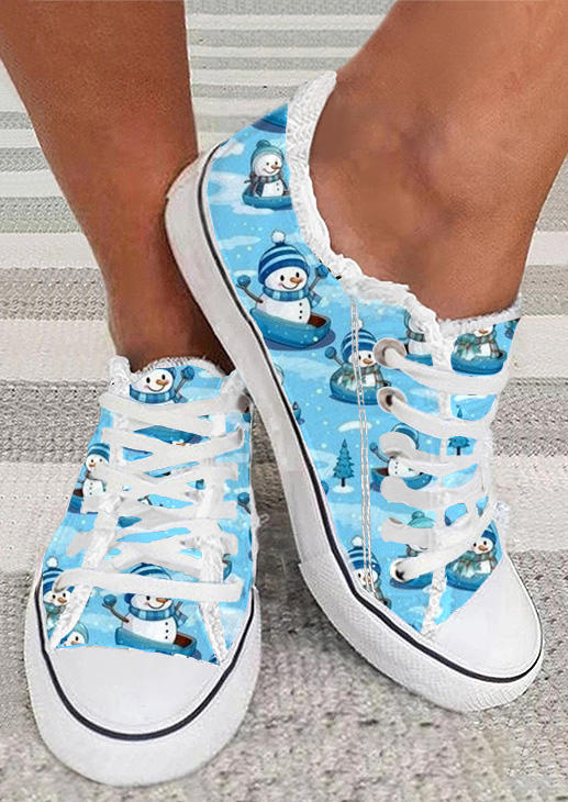 

Christmas Snowman Frayed Lace Up Flat Sneakers, Blue, SCM021286