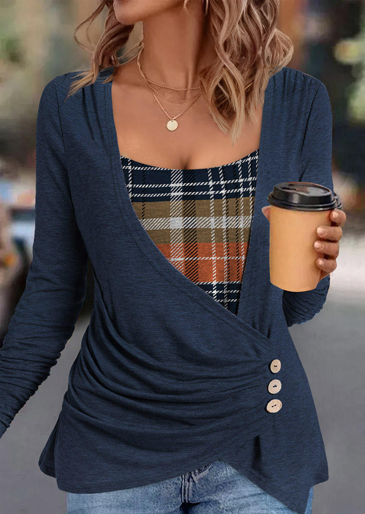 

Plaid Button Long Sleeve Fake Two-Piece Blouse - Navy Blue, SCM021291