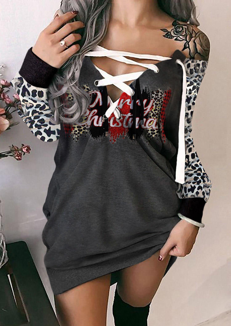 

Christmas Leopard Lace Up Sweatshirt Dress, Multicolor, SCM021316