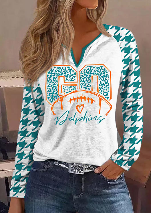 

Go Dolphin Football Soccer Houndstooth Long Sleeve Blouse - White, SCM021370