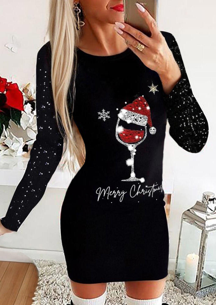 

Merry Christmas Wine Glass Hat Glitter Bodycon Dress - Black, SCM021398