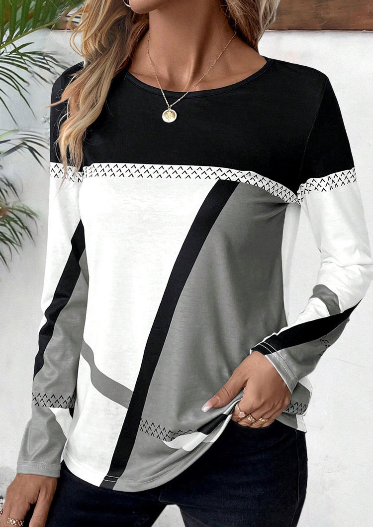 Color-Blocked Geometric O-Neck Blouse