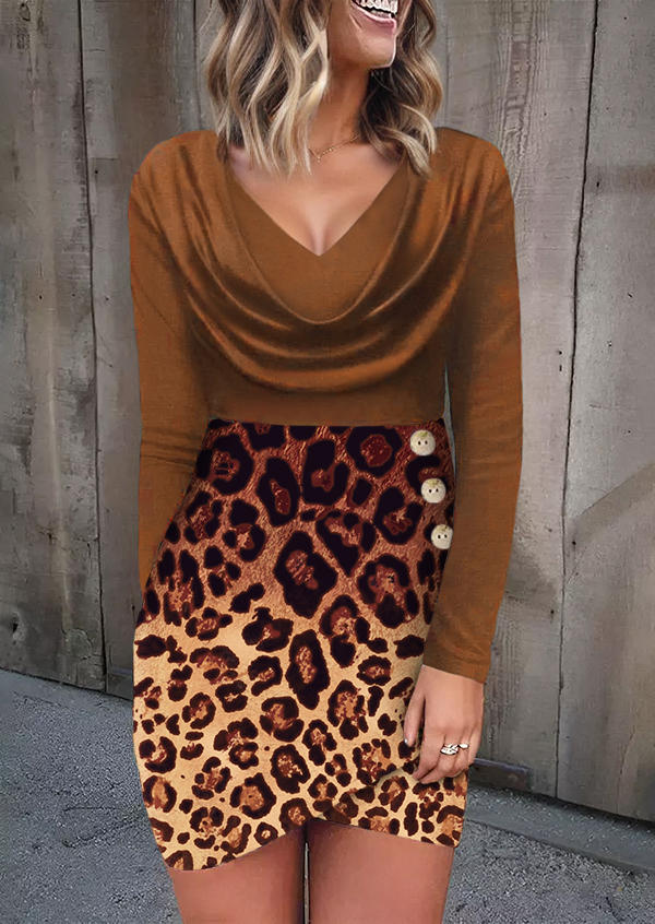 

Leopard Wrap Long Sleeve Bodycon Dress, Multicolor, SCM021059