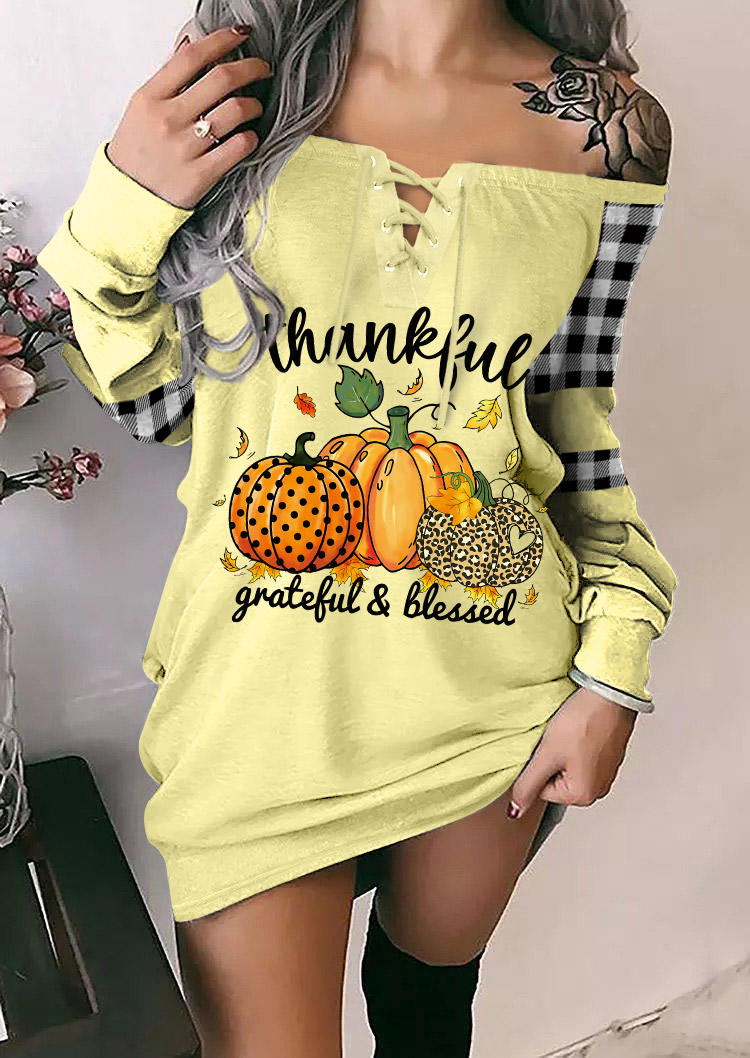 

Thankful Grateful & Blessed Pumpkin Leopard Plaid Sweatshirt Dress - Light Yellow, SCM021147