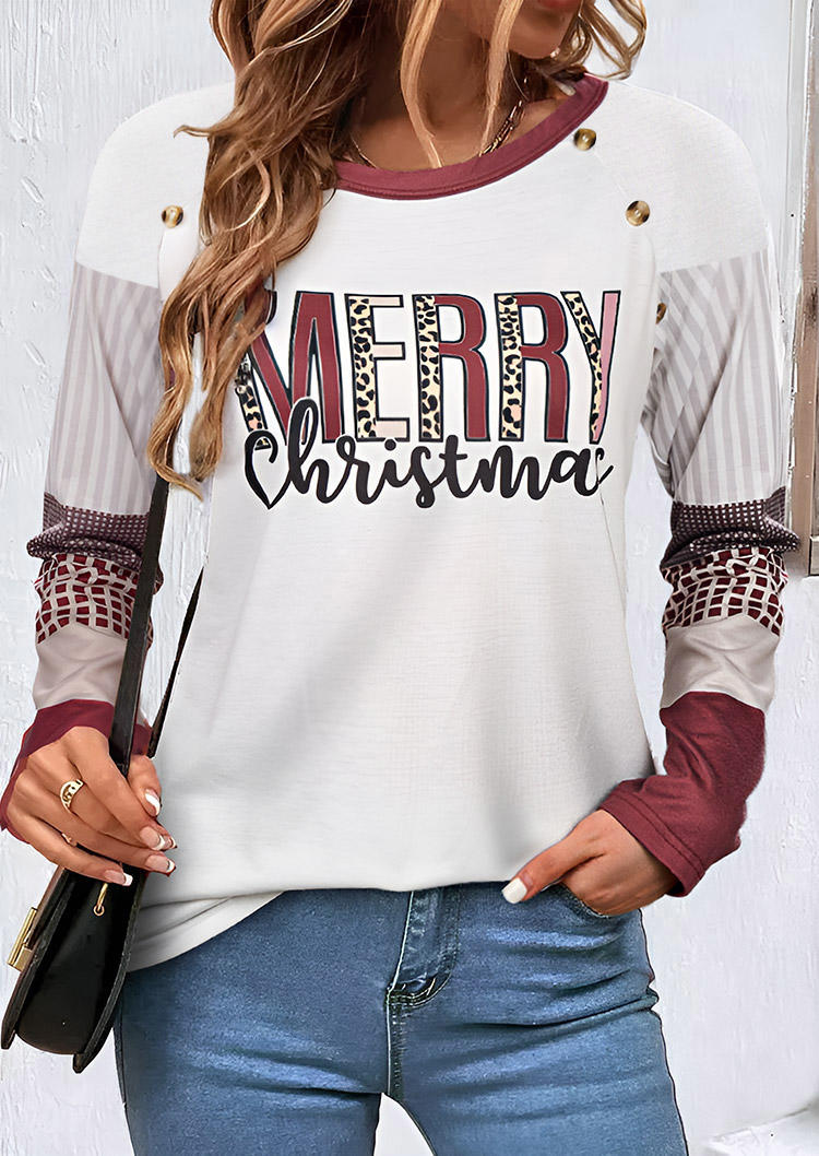 

Merry Christmas Vertical Striped Color-Blocked Plaid T-Shirt Tee - White, SCM021331