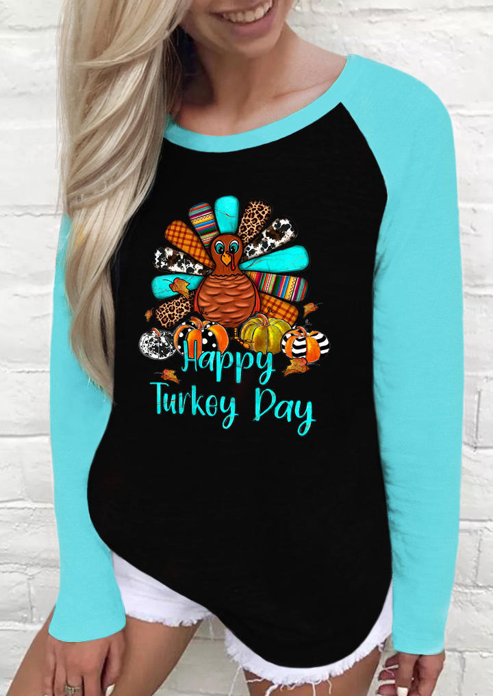 Thanksgiving Happy Turkey Day Raglan Sleeve T-Shirt Tee - Cyan