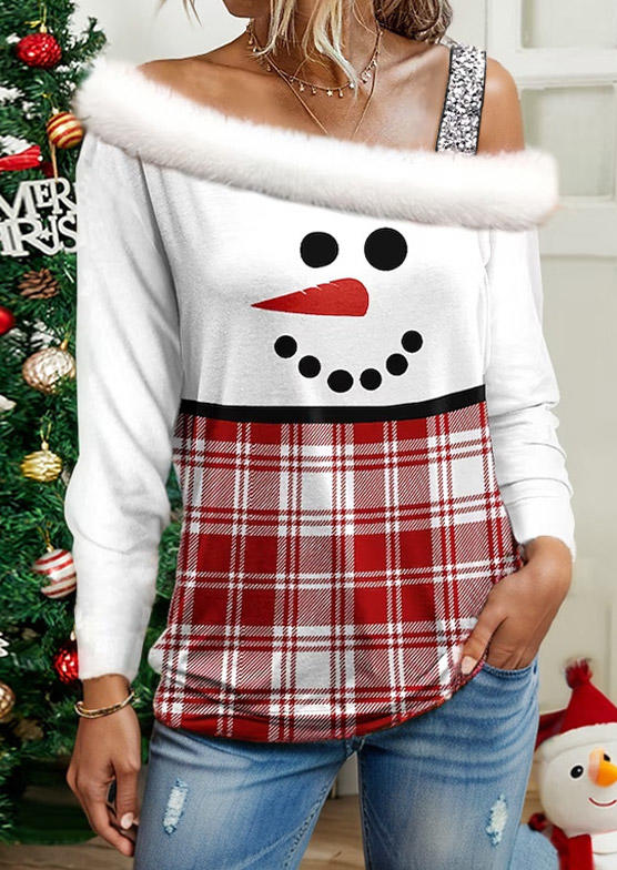 

Christmas Snowman Plaid Plush Glitter One Sided Cold Shoulder Blouse, Multicolor, SCM021451