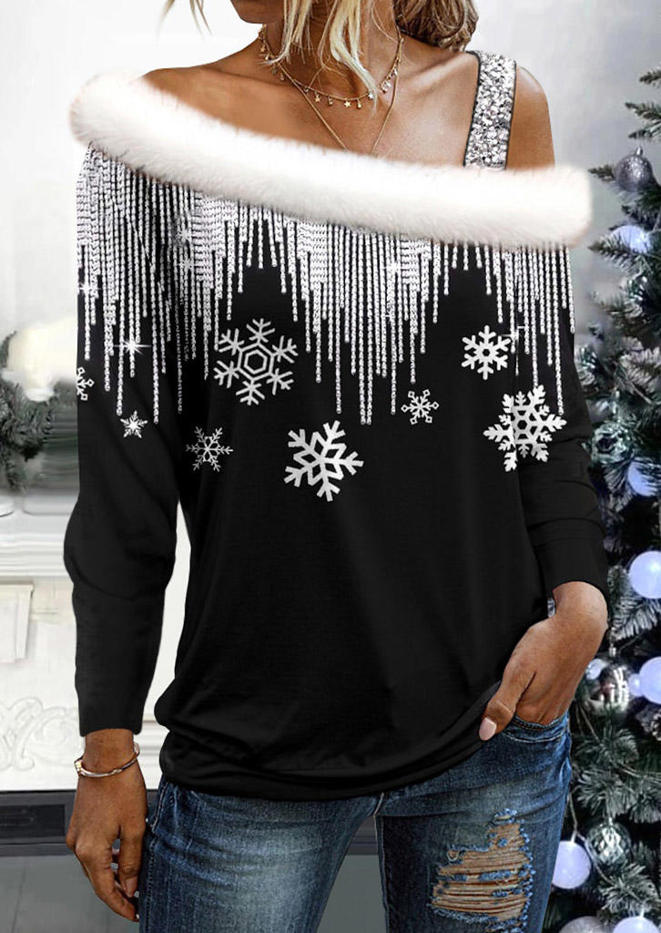 

Christmas Snowflake Plush Glitter One Sided Cold Shoulder Blouse - Black, SCM021504