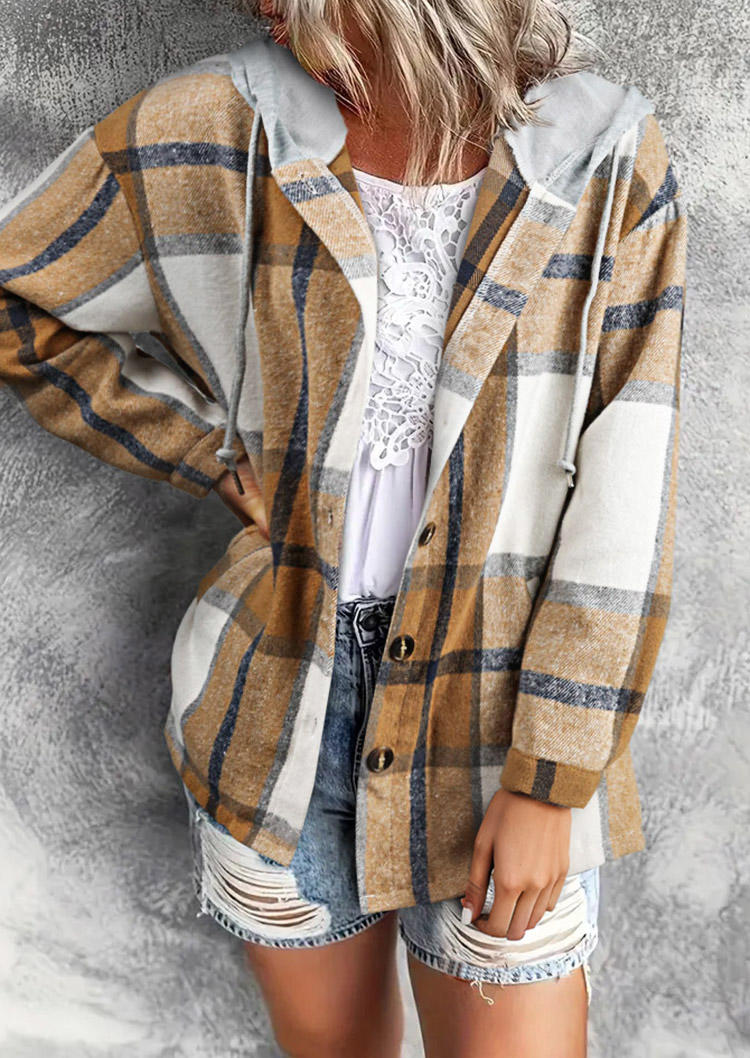 

Plaid Button Drawstring Hooded Cardigan - Khaki, SCM021088