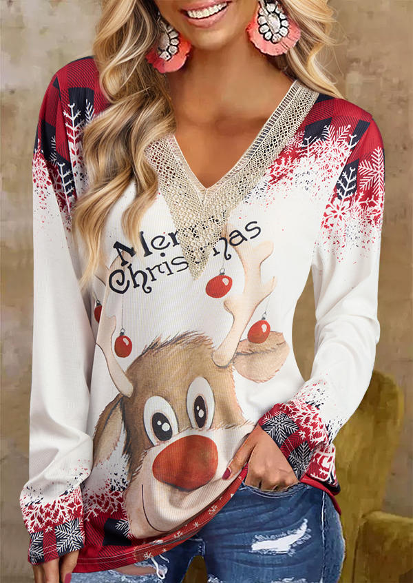 

Merry Christmas Reindeer Mesh V-Neck Blouse - White, SCM021221
