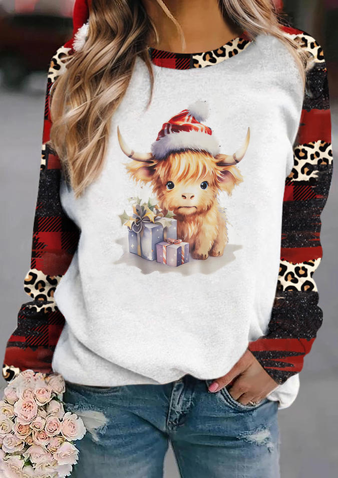 

Christmas Cattle Plaid Leopard Sweatshirt, Multicolor, SCM021238
