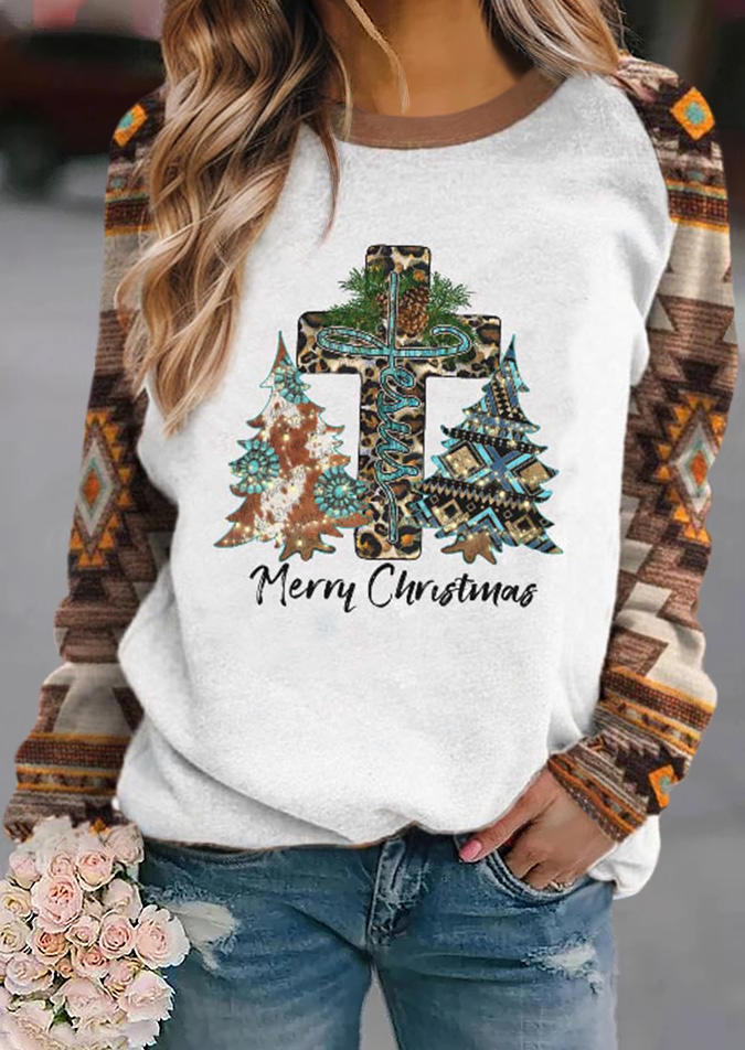 

Merry Christmas Tree Aztec Leopard Cross Sweatshirt, Multicolor, SCM021270
