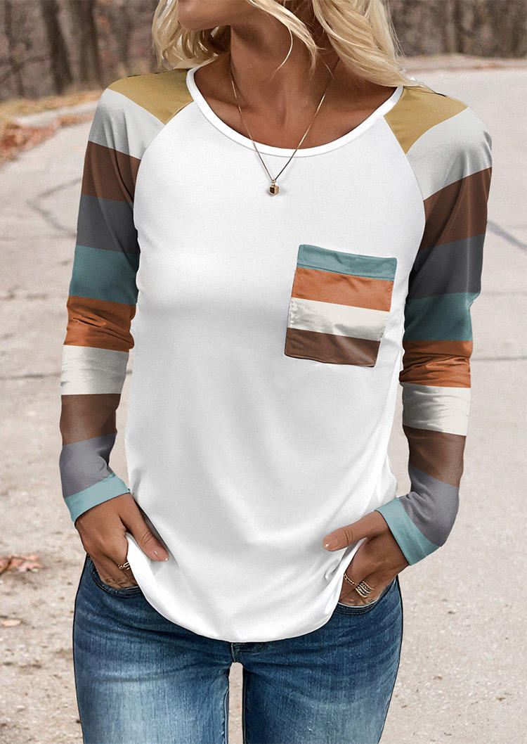 

Color-Blocked Striped Pocket Raglan Sleeve Blouse - White, SCM021295