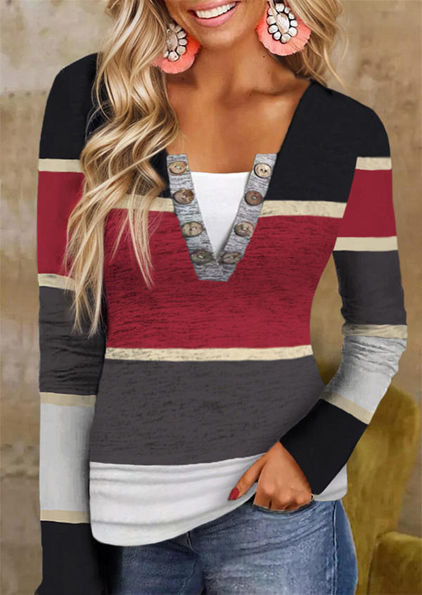 

Color-Blocked Button Fake Two-Piece Blouse, Multicolor, SCM021333
