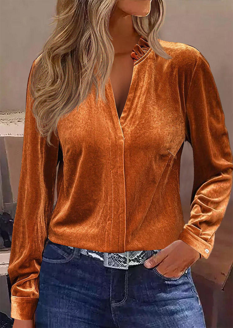 

Ruffled Velour Elegant Long Sleeve Blouse - Brown, SCM021523