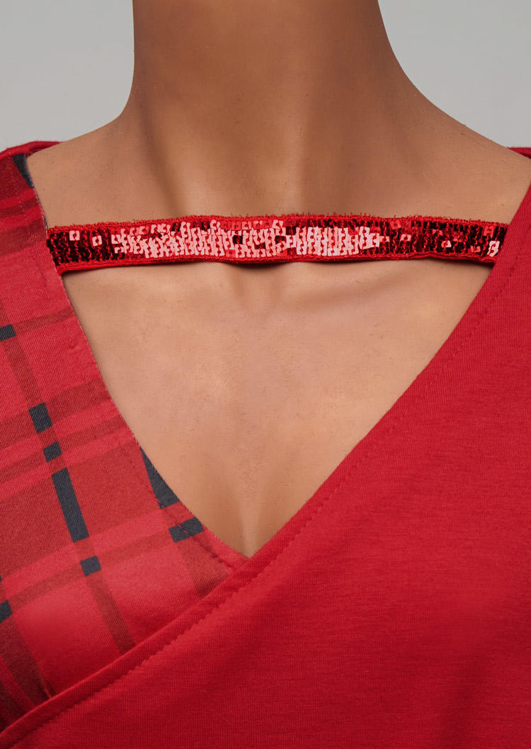 Plaid Sequined Keyhole Neck Blouse - Red