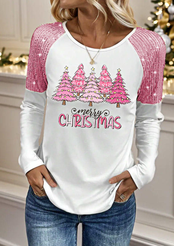 

Merry Christmas Trees Sequined Blouse - White, SCM021297