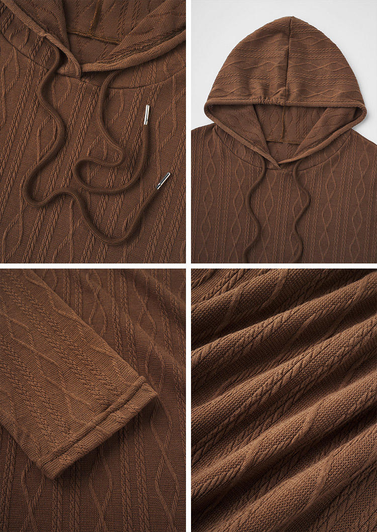 Textured Drawstring Hoodie - Brown