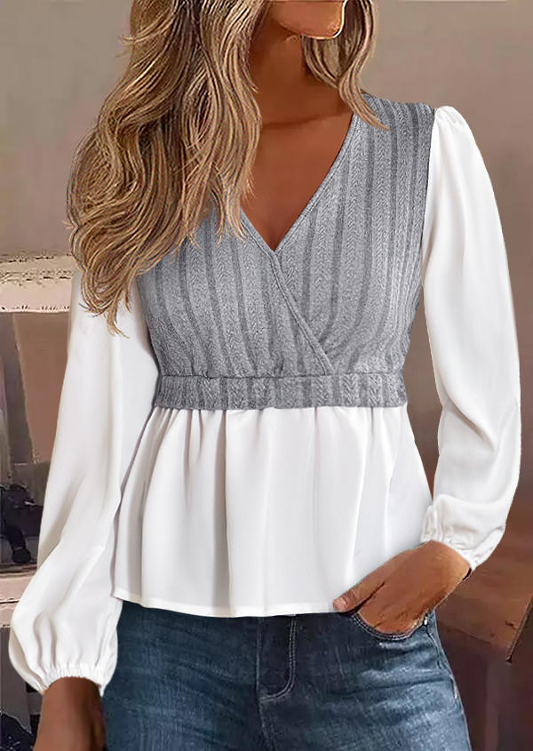 

Two Tone Peplum Lantern Sleeve Blouse - Gray, SCM021326