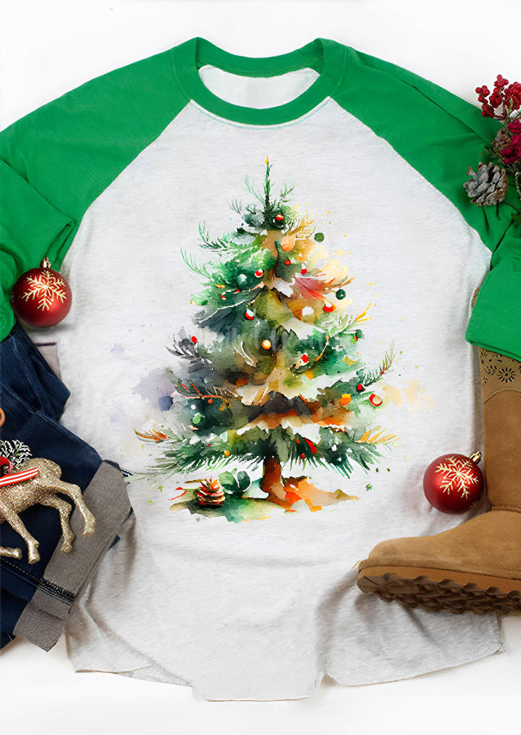 

Christmas Tree Long Sleeve O-Neck T-Shirt Tee - Green, SCM021330