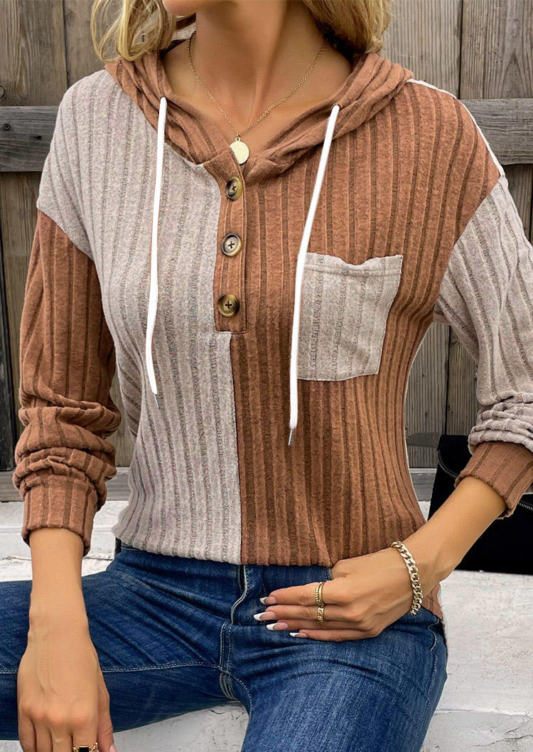 

Color-Blocked Button Pocket Ribbed Hoodie, Multicolor, SCM021549
