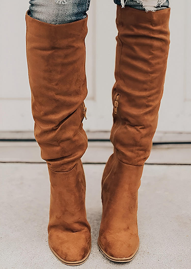 Plain Zipper High-Heeled Pointed Toe Boots - Brown