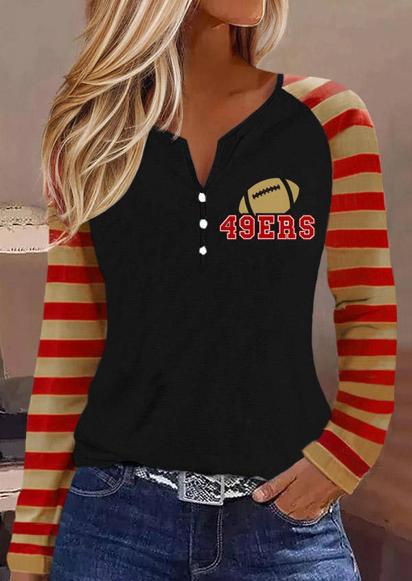 

Football Soccer Striped Button Long Sleeve Blouse, Multicolor, SCM021159