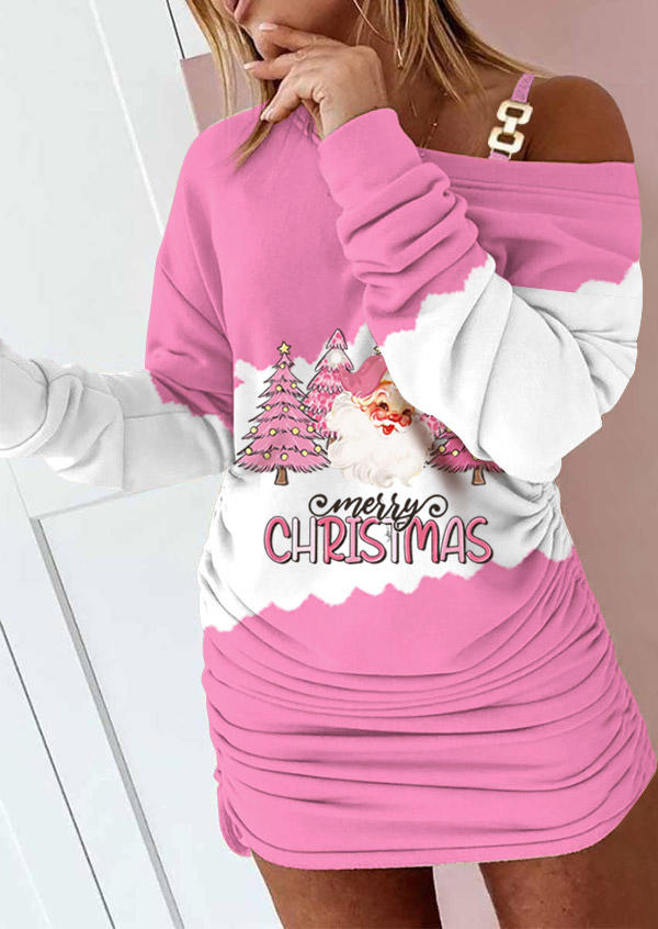 

Merry Christmas Santa Claus Drawstring One Sided Cold Shoulder Sweatshirt Dress, Multicolor, SCM021311