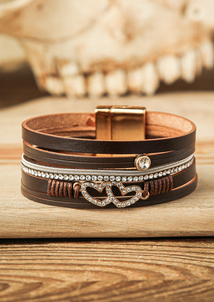 

Rhinestone Heart Leather Magnetic Buckle Bracelet, Black;brown, SCM021394