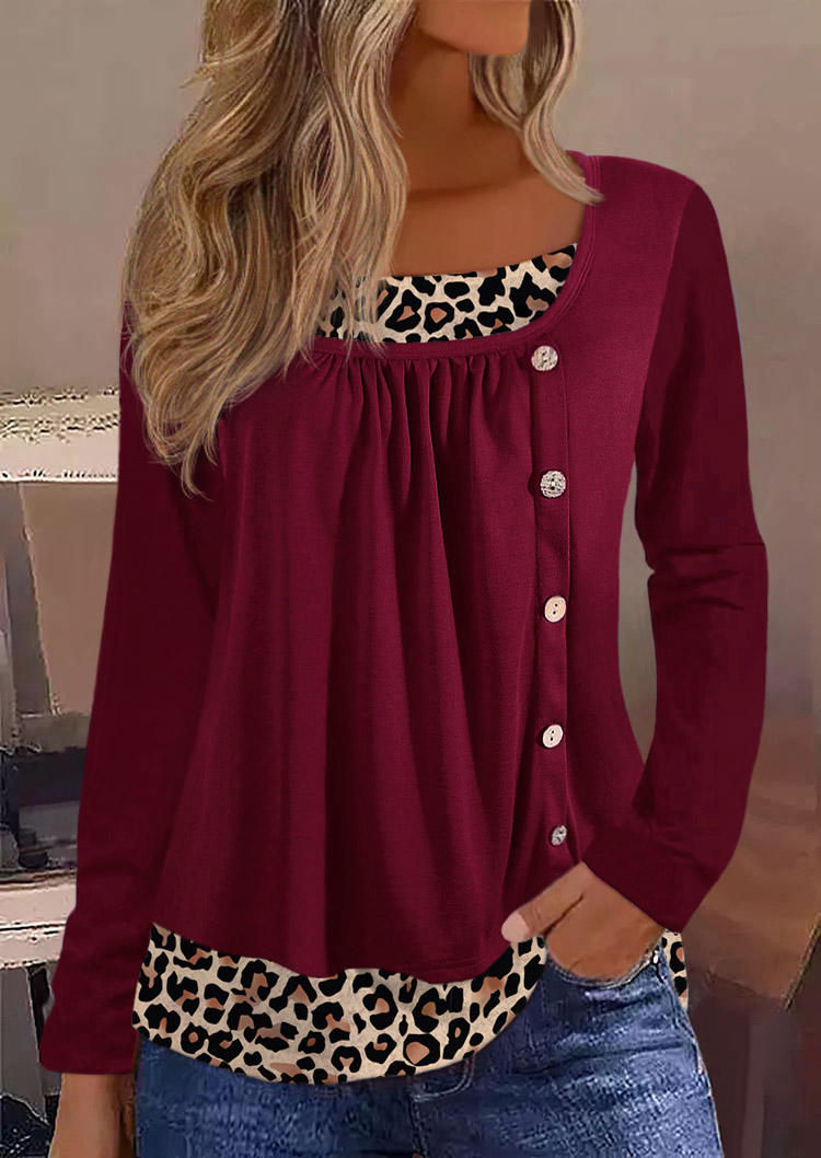 

Leopard Ruffled Button Fake Two-Piece Blouse - Burgundy, Red, SCM021536
