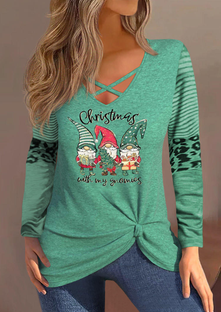 

Christmas With My Gnomies Striped Twist Blouse - Green, SCM021552