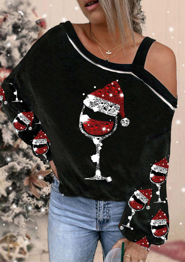 

Christmas Hat Wine One Sided Cold Shoulder Blouse - Black, SCM021553