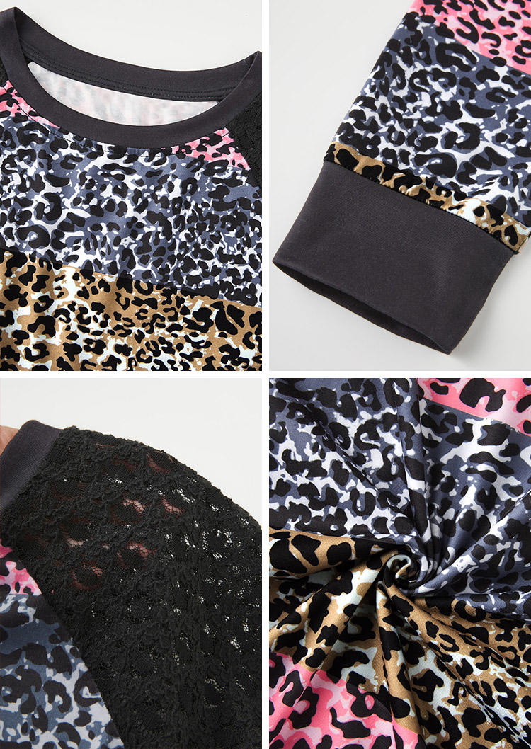Color-Blocked Leopard Lace Stitching O-Neck Blouse