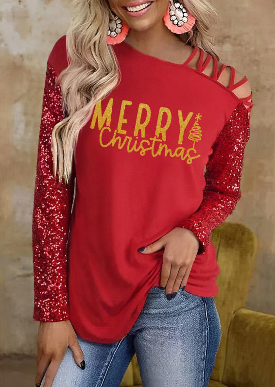 

Merry Christmas Sequined One Sided Cold Shoulder Blouse - Red, SCM021253