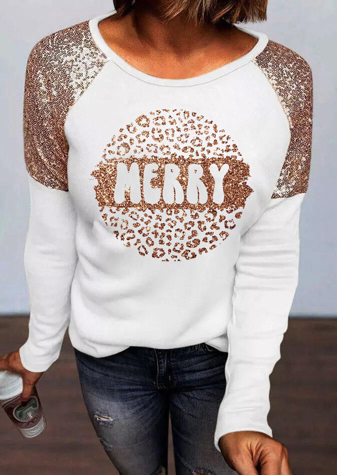 

Merry Christmas Sequined Long Sleeve Blouse - White, SCM021405