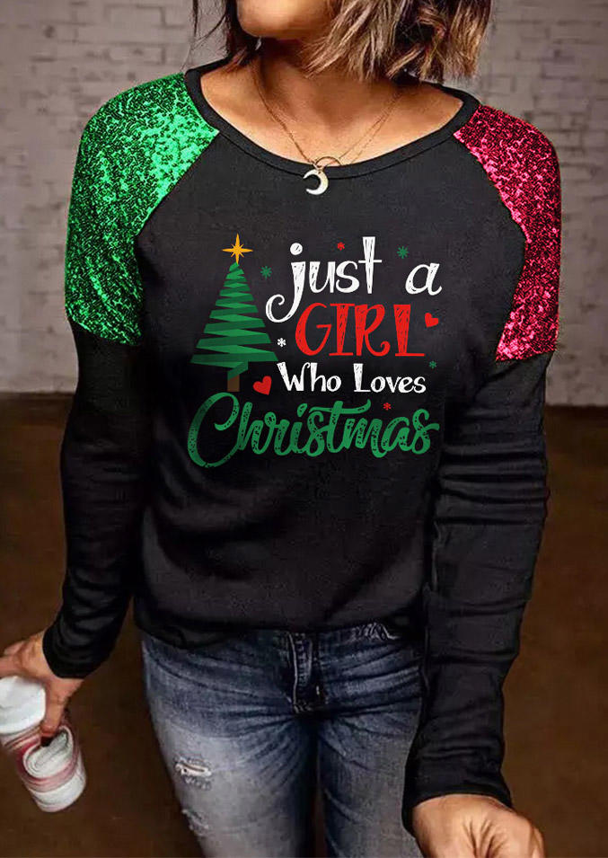 

Just A Girl Who Loves Christmas Tree Sequined Blouse - Black, SCM021409