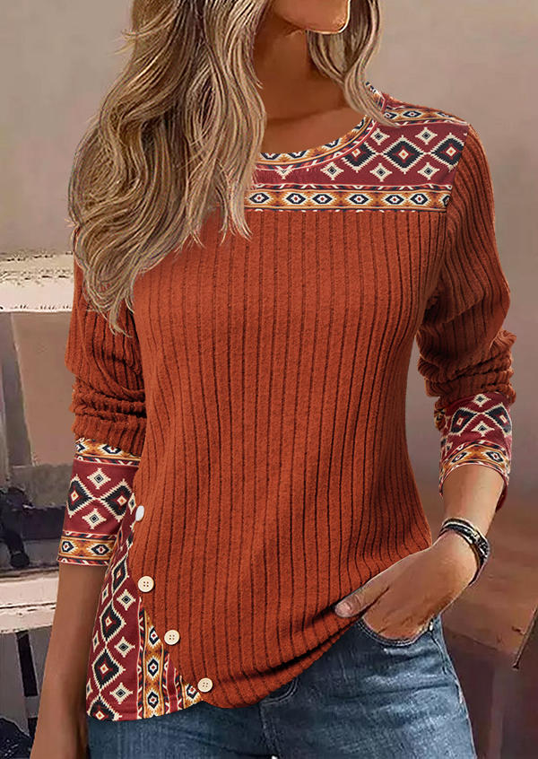 

Aztec Geometric Button Ribbed Long Sleeve Blouse - Light Coffee, Brown, SCM021448