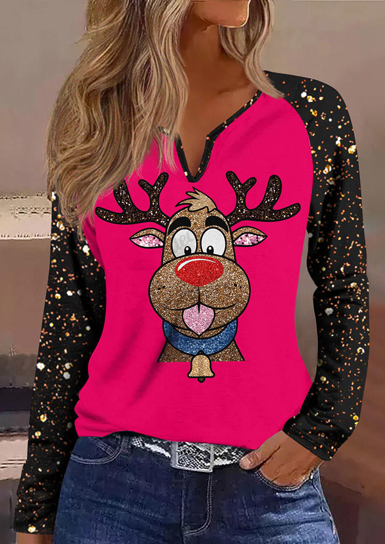 

Christmas Retro Reindeer Sparkly Glitter T-Shirt Tee - Rose Red, SCM021574