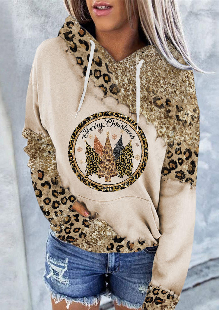 

Merry Christmas Leopard Glitter Kangaroo Pocket Hoodie, Multicolor, SCM021341