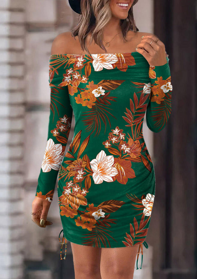 

Floral Drawstring Off Shoulder Bodycon Dress, Multicolor, SCM021172