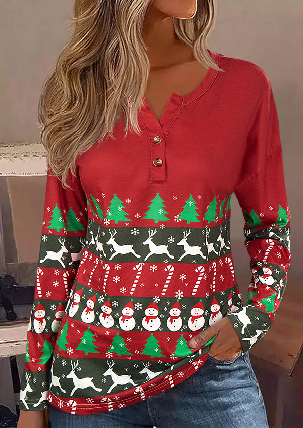 

Christmas Snowman Reindeer Tree Button Blouse - Red, SCM021446