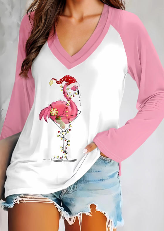 

Christmas Lights Flamingo Raglan Sleeve Blouse - Pink, SCM021466