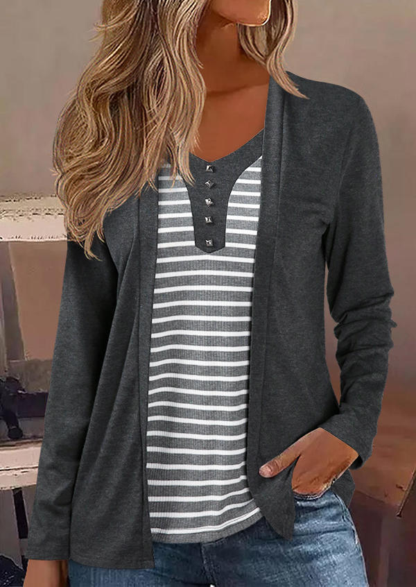 

Striped Long Sleeve Fake Two-Piece Blouse - Gray, SCM021522