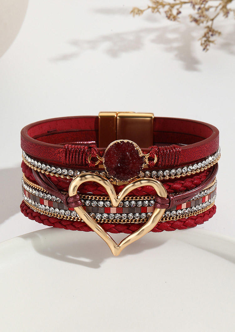 

Rhinestone Heart Alloy Magnetic Buckle Bracelet, Red, SCM021562