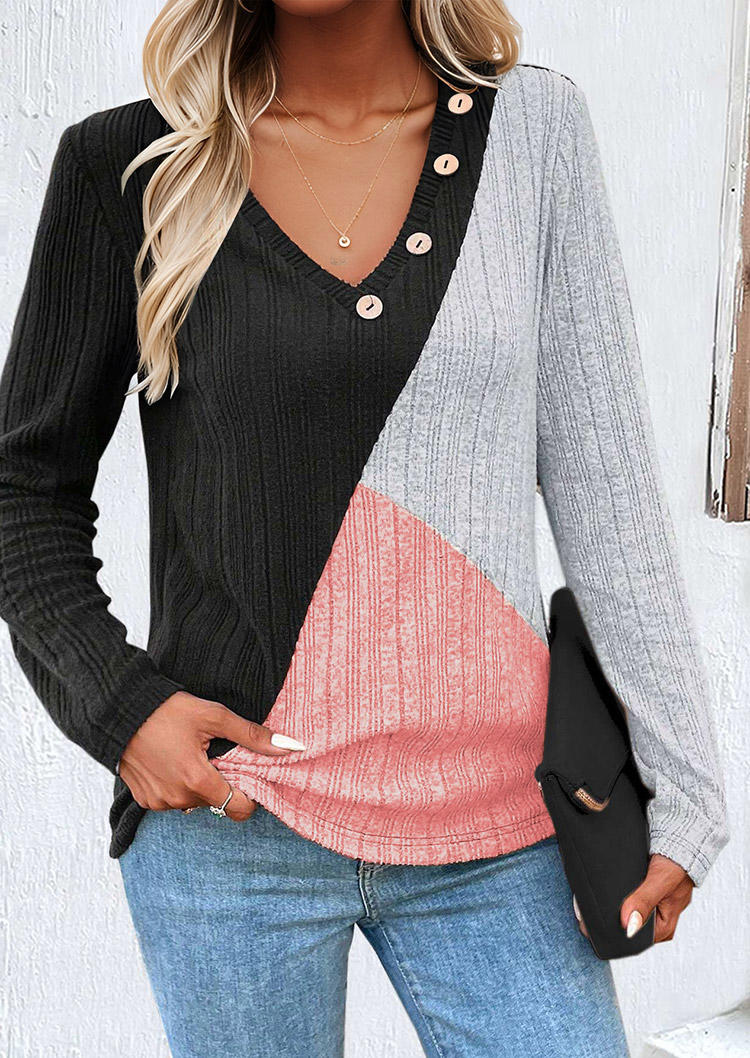 

Color-Blocked Button Ribbed V-Neck Blouse, Multicolor, SCM021594