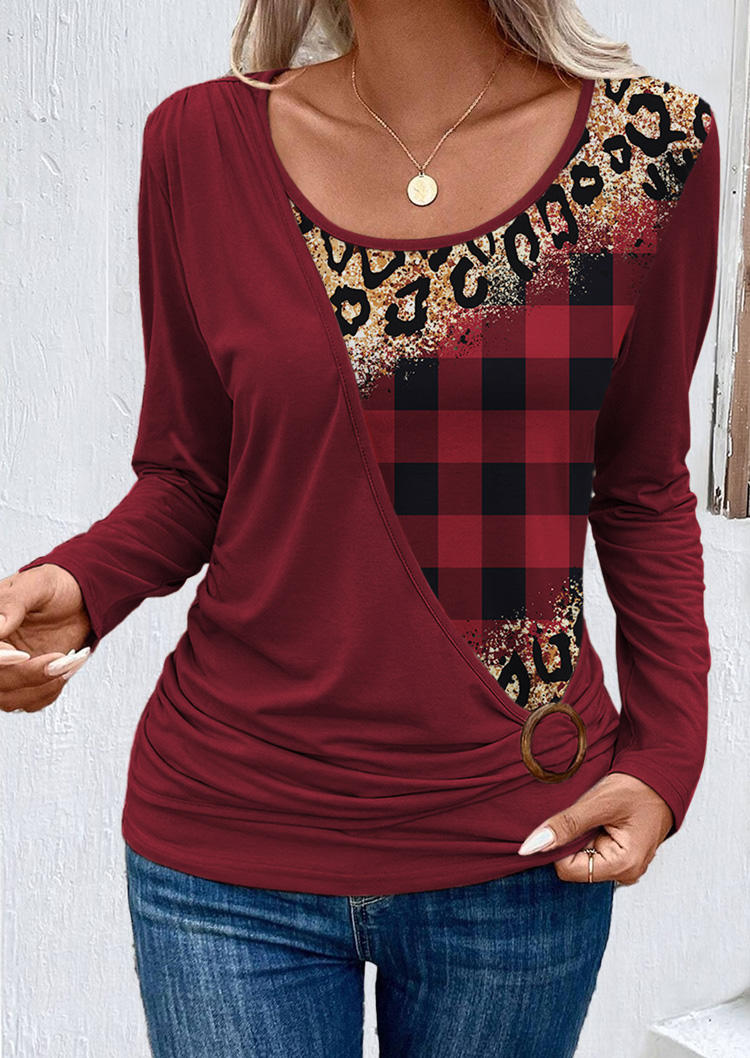 

Leopard Plaid Wrap Long Sleeve Blouse - Burgundy, Red, SCM021596