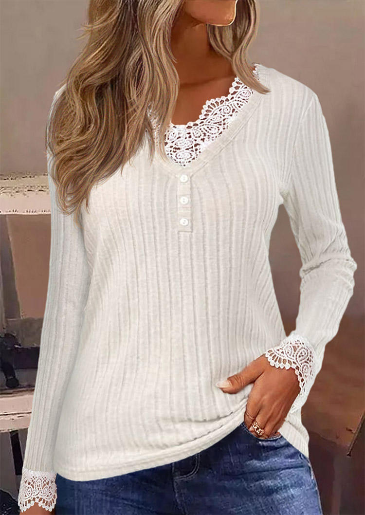 

Lace Stitching Ribbed Long Sleeve Blouse - Beige, White, SCM021383